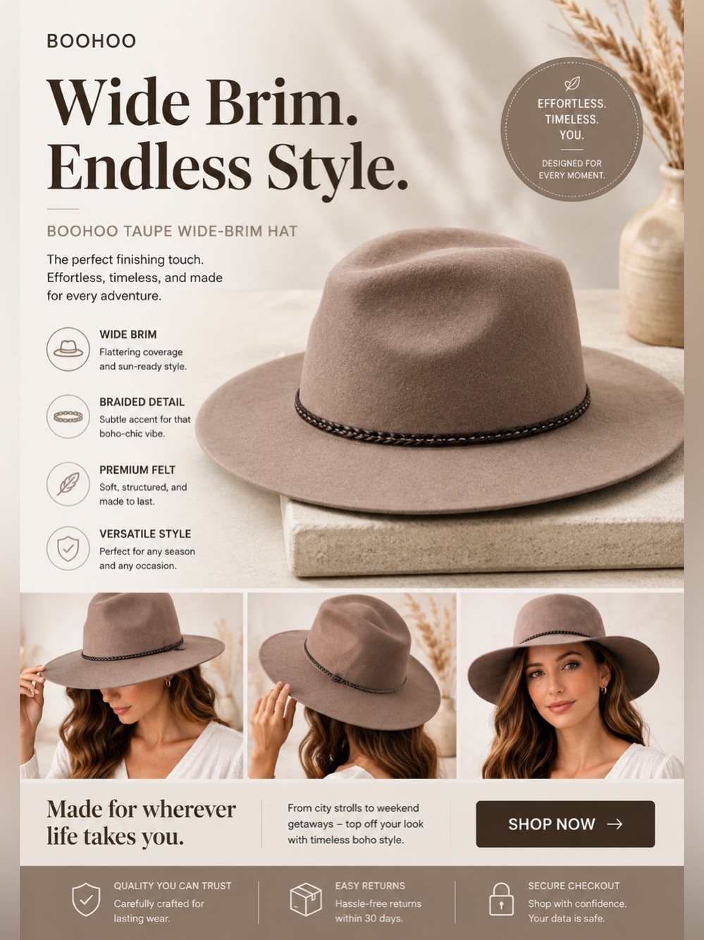 Boohoo Taupe Wide Brim Fedora Hat Boho Western Neutral - One Size Fits All